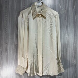 Ivory Cream Button Up Blouse 100% Silk Pearl Embellished Collar/ Cuffs Sz 10